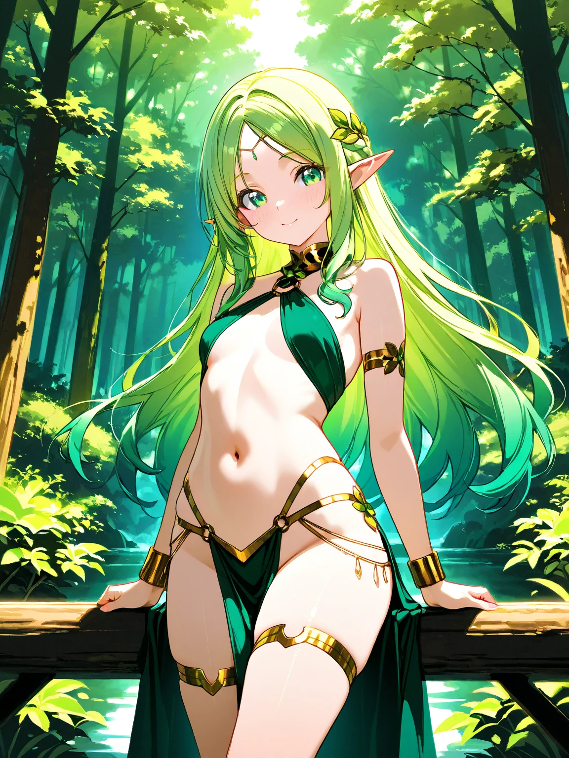 prismatic coloration, holographic environment, young African girl, Deep black skin, Beautiful, elven ears, serious glare, Neon green hair, Heterochromia with deep one eye green & one eye Gold, C-cup breasts, lithe, fit, form-fitting bodysuit with a deep neckline, exposing much of her chest area, full-body, slender legs, beautiful eyes, freckles, leaf green eyebrows, (long straight prismatic reindeer_antlers:1.2), wielding light magic, Battle stance, grassy aura, mythic flowing Black-Purple-Green cloak with Golden Floral designs, Safe-For-Work