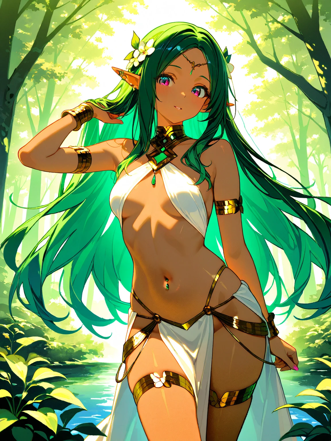 score_9, score_8_up, score_7_up, source_explicit, source_anime, best quality, nsfw, high resolution, masterpiece, absurdres,vector trace,anime screencap, 1girl, solo, standing, water, jungle, cowboy shot, bare chest, forehead, nipples, looking at viewer, medium breasts, slender body, african, darker skin, green eyes, green hair, braided ponytail, tribal, full green bodypaint, green marks across body, EPfePtr