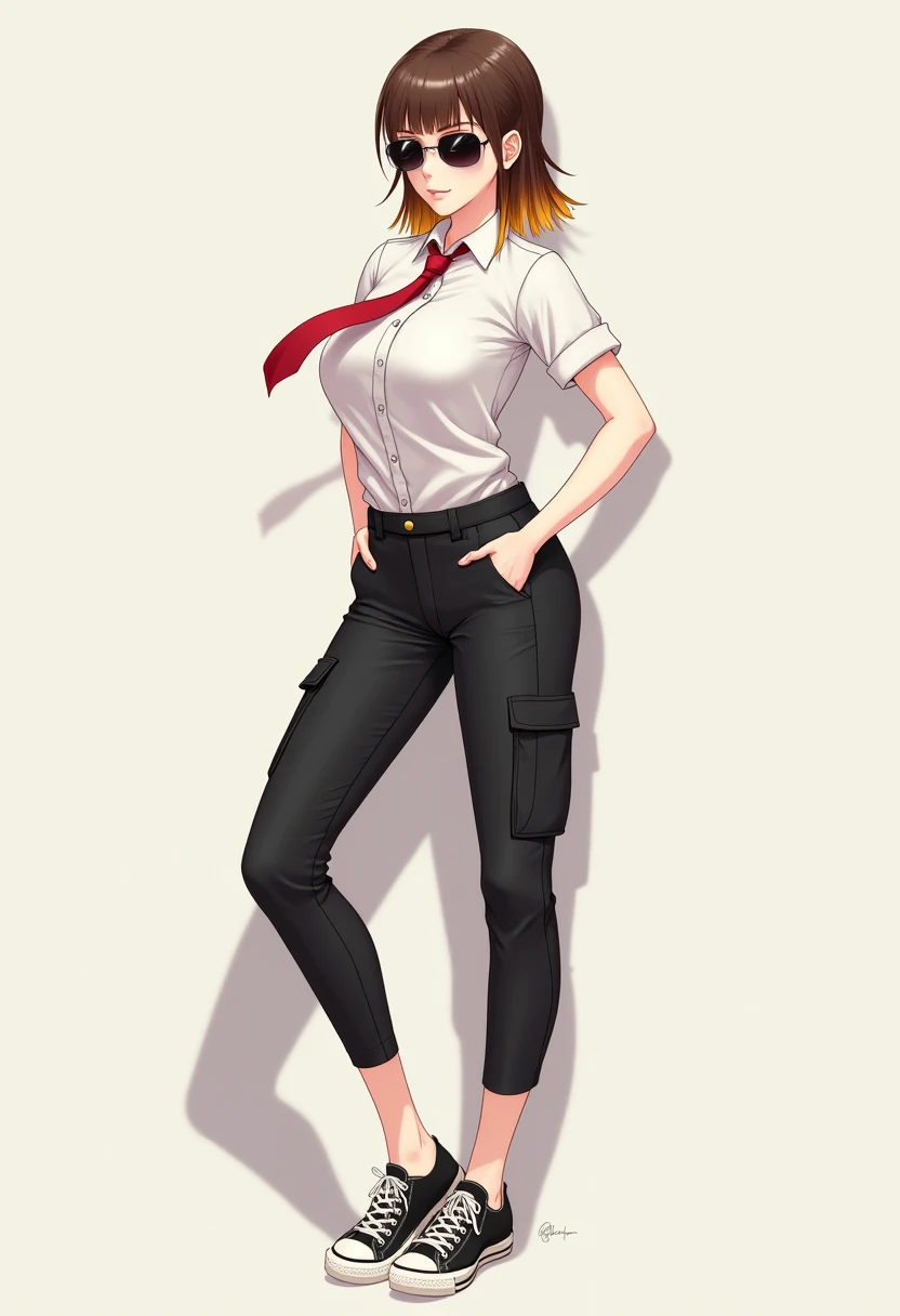masterpiece, best quality, fellatrix, 1girl, (corneo_makima:0.8), slim, skinny, medium breasts, lips, makeup, smile, smug smile, glowing eyes, work uniform, black necktie, white shirt, black jean, looking at viewer, cowboy shot, indoor, from below, <lora:fellatrix_v2_1:0.9>