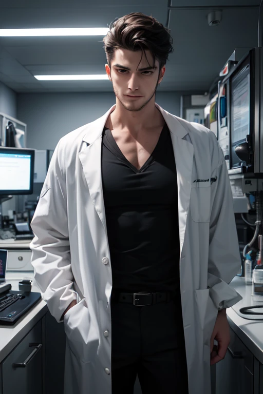 HD quality, high definition, a male doctor 18 years old handsome, muscular and slim, red lips, leaning forward pushing wall of his clinic, ((wearing jockstrap)) , wearing open doctor scrubs suit, model with bracelets, earrings, with reading glasses, fully nude and naked body, eyebrowse angry, side view, wearing flip flops, sexy and seductive, with sweat, with small tattoo on his navel, ((with stethoscope on his neck))