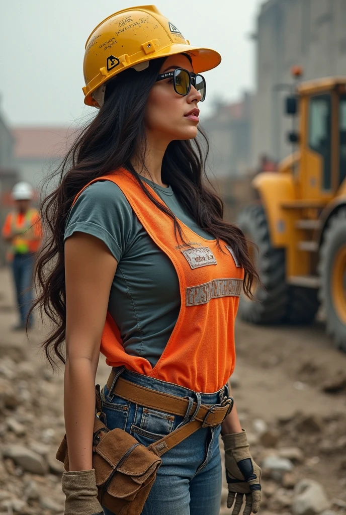 1girl in, 30 years old, Square face, Long hair, Looking at the viewer, jewelry, Reality, Sexy, sexy female construction worker, construction site, free posing