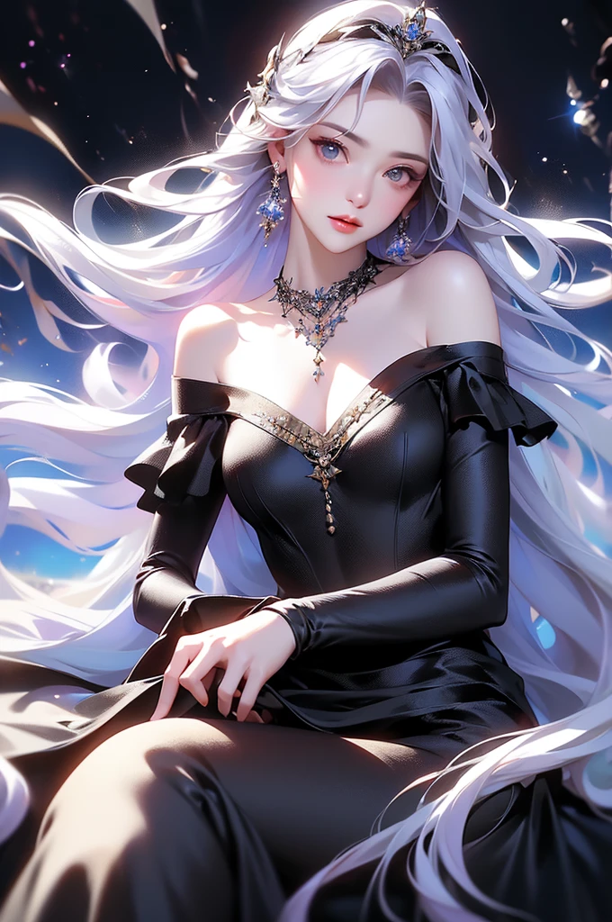 (masterpiece:1.5, Highest quality, Very detailed、 Dutch Angle、Semi-realistic、Fantasy)(One Girl, alone)(White and beautiful hair:1.4,,Straight Long Hair)(Dress in black tones、Fantasyの衣装)、((Off the shoulder、Mid-chest、ruby necklace))(Beautiful cleavage、Legs wrapped in tights)(Beautiful starry sky、Mystical Night、Particles of light float around the woman、Fantasy space) Waiting to start