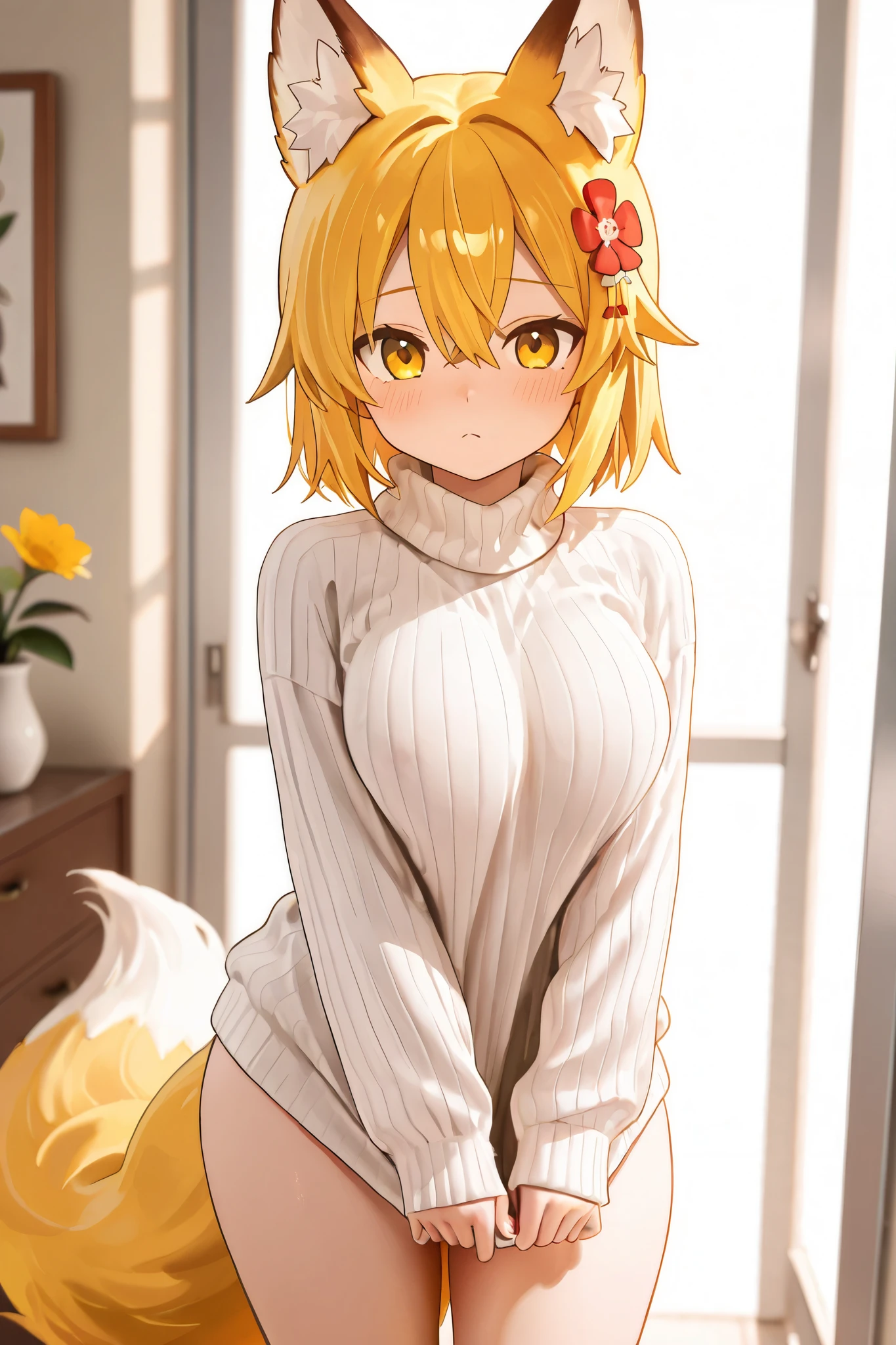 Blue pupils, Light yellow fluffy body, Light yellow furry tail, Boy cat，Exquisite wallpapers，Very cute，The popular style of the P station，One role solo，Light yellow cute fluffy little long legs，Shotai style，Blushlush，intricate detailed clothes