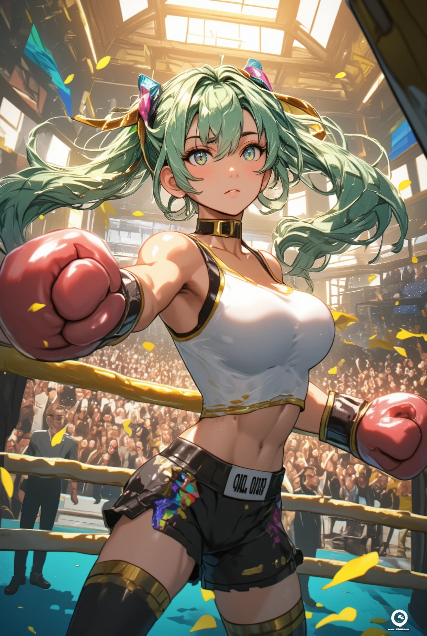 ( masterpiece、 best quality、 best quality、official art、 beautiful and beautiful :1.2)、(one girl:1.3) ,、Light green twin-tail, beautiful breasts, ( Sports Magazine Cover Photos ), best quality, great quality, 16k, unbelievably ridiculous , very well detailed, 繊細でdynamicな, natural light, Particles reflect light, Diffuse reflection of light, A lot of rainbow-colored petals fall, A beautiful hall, Sun, Diffuse reflection of light, CREATES AMAZING IMAGE EFFECTS, , wet, is sweating, boxing, boxing ring, Punching Bag, Throw a punch, close-up(cute sexy girl, big bounce bust, sensual expression of a classy woman, cool girl, Serious, passion, dynamic, フラッシュ boxingの衣装, ,audience , Ethereal cheers )