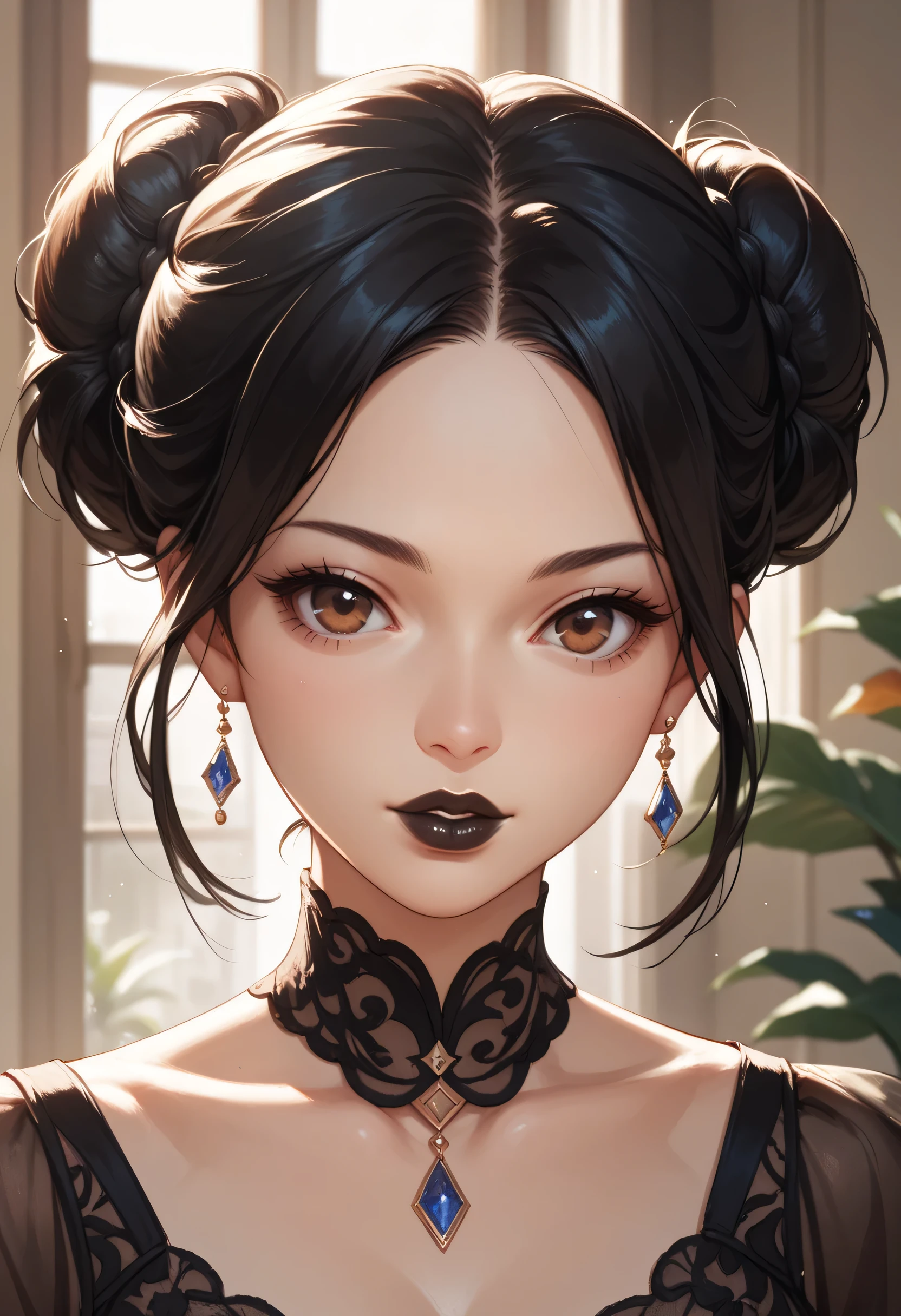 ((Perfect Face, Black Hair Bun, Brown Eyes, Black Thick Lips, Female Beautiful)), (Anime Girl, Illustration, Drawn, Portrait, Solo)