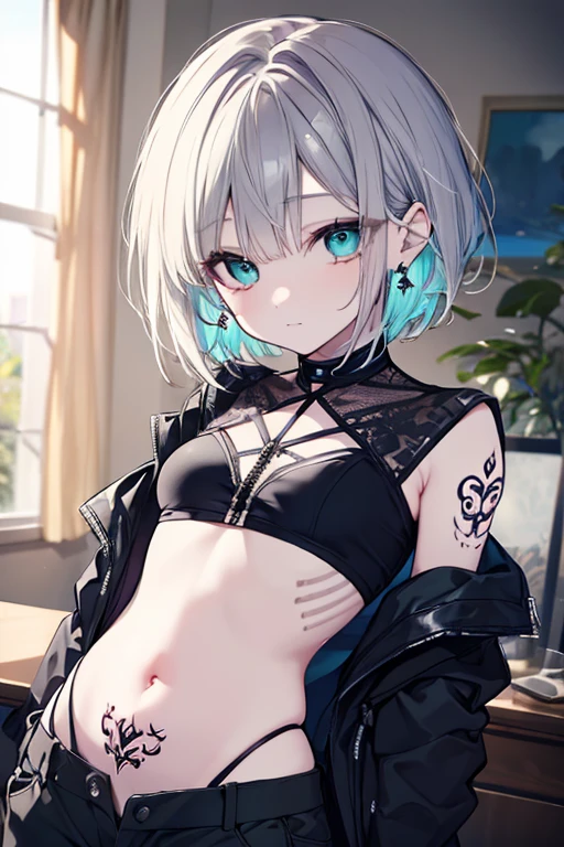 Thin body, small girl, 160 centimeters, little chest, Sheer clothing, Without bra, no panty, white colored hair, Lies, On the chain, in a collar, turquoise eyes, Obedience tattoo, Embarrassed face, sits on a chair, spreading legs, transparent stockings, earings, Bob hair