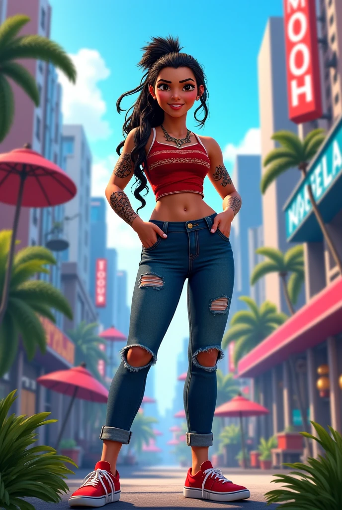 masterpiece, best quality, (Detailed face:1.2), (Detailed eyes:1.2), solo, 1girl, nessacasual, dark skin, makeup, smile, looking at viewer, standing, opened red jacket, white tank-top, ((midriff)), medium breasts, cleavage, tight blue denim pants, belt, hoop earrings, looking at viewer, standing, holding a poke ball, outdoors, city street
