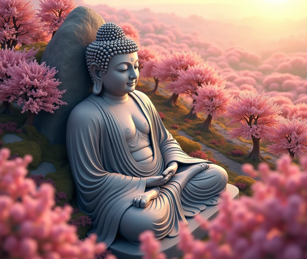 (Quasi-Buddha and flowers in one),huge big breasts,Leshan Buddha,Together with nature,surrealism, high detailing, Hyper-Realism, stereograms, Cinematic lighting, god rays, nffsw, masutepiece, Textured skin, Best Quality, hight resolution、pink flowers