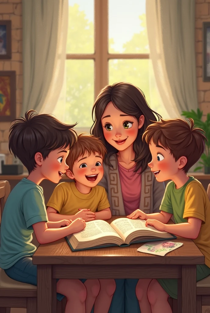Two women holding a bible with children on either side in Sunday school in cartoons
