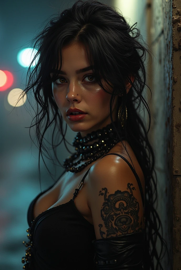Tattooed brunette,brawny,dark curly hair,with yellow eyes