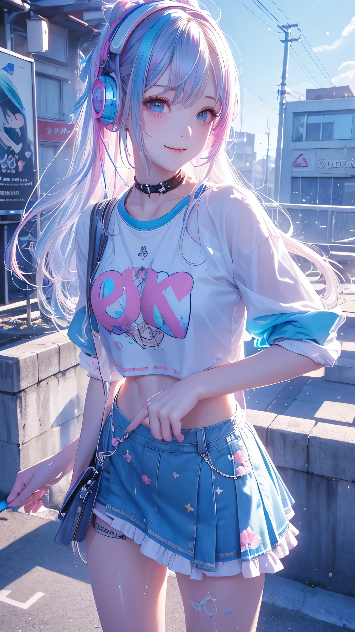 (striped hair, blue blonde hair、pink idiot hair、 Iris hair), girl listening to music with white headphones、It's in the following points(smile、watery eyes)、impressionism,portrait photography、Backlight, masterpiece, accurate, textured skin, advanced details, high quality DVD, high resolution, Super Detail, 1080P, detailed face, Detailed Eyes, Detailed five fingers、wet t-shirt(punk),Powerful、 striped pant skirt, colorful wall paint art、rooftop, clear sky, detailed eyes、 Blizzard 10 、 Highlights, thighs, destiny , ****, skirt, thighs high socks、full body shot、8k