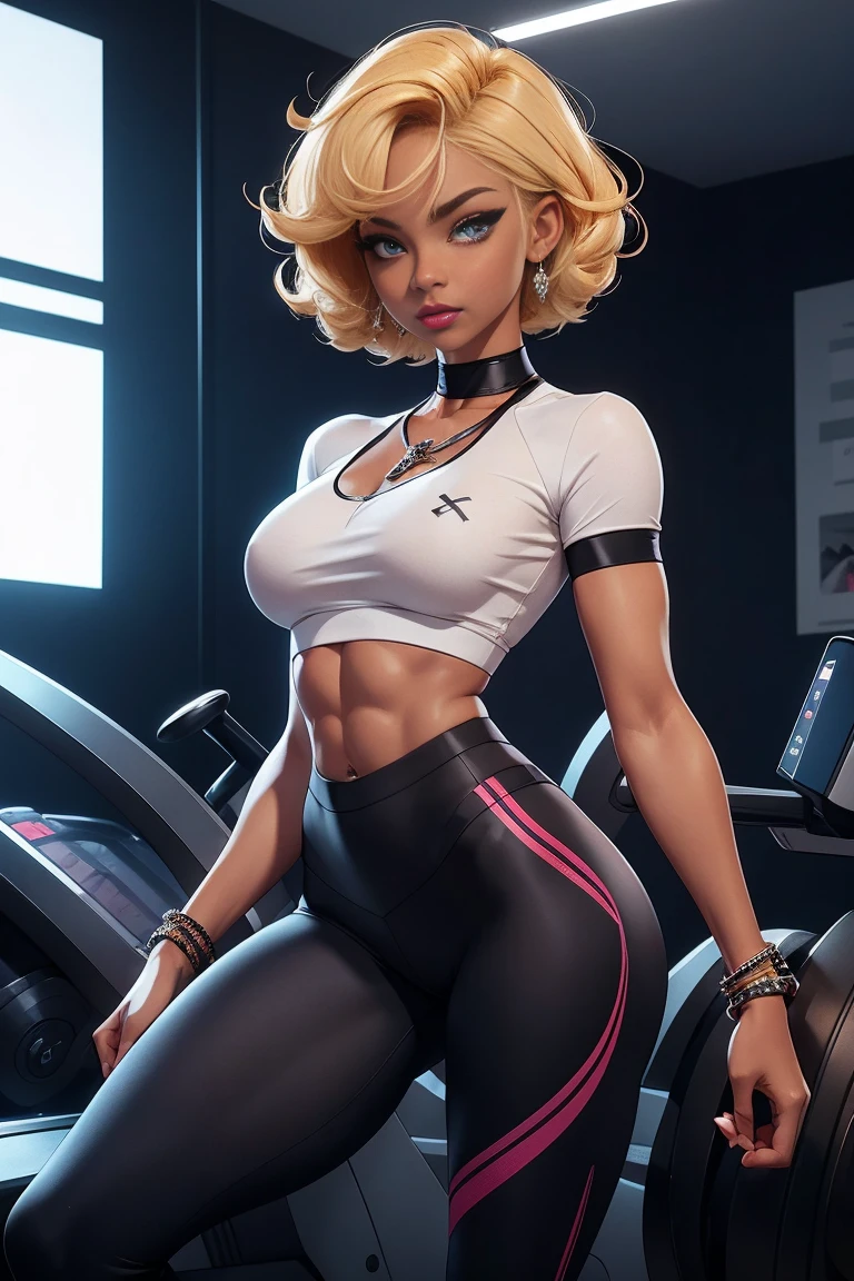 (RAW photo), (huge round breasts:1.2), (sharp focus: 1.5), (ultra detailed), (intricate details), (shiny skin:1.5), (oil skin:1.0), (best quality, highres, high resolution:1.5), (photorealistic: 1.37), (ultra realistic,32k), (high detailed skin:1.1),(high quality:1.1), (upper body portrait:1.5), (big muscles:1.0), ( glossy and red lips) ((long blond hair)), ((Standing in the gym, sports bra, Leggings, headphones on head, wet, workout equipment, weighing machines, windows, Modern gym, well-lit)), (perfect detailed hands), (Perfect Slim body) ((muscular female, Standing full body photo, (high definiton, Volumetric lights and dynamic shadows)((master part))(8K)(face perfect)(ultra details) (perfect hands, Ojo, and face),