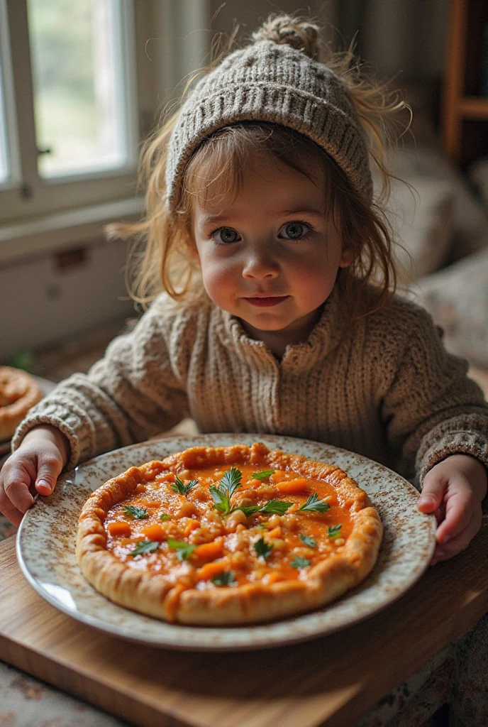 girl CHILD , Russian redheads in braids, There are four pieces of calzone on a plate