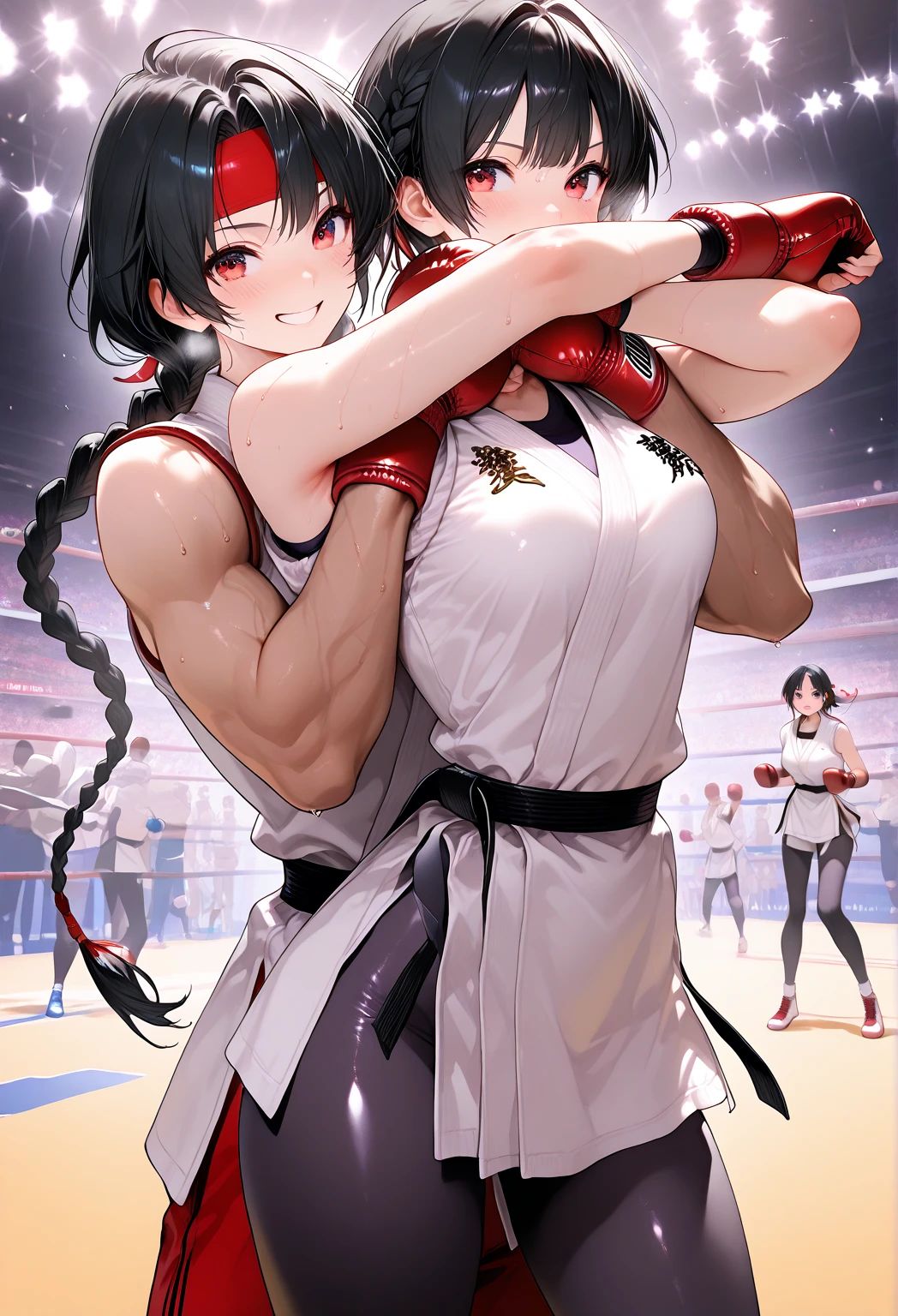 Boxing action A woman wearing a Chinese dress is boxing in the ring. The woman on the right hits the woman on the left in the cheek... The woman on the left is Akane Kurokawa〔My Favorite Child〕has his right eye closed, opening her mouth, and sweat.