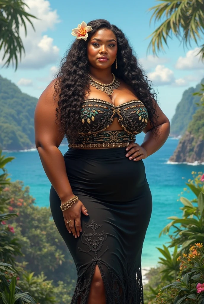 In a stunning photo taken at sunset on July 4th, a curvy Black woman (((long dress))) (((Huge Boobs))) (((plus-size)))stands in a shallow stream, wearing surrounded by a serene wooded area. a colorful sheer summer sundress she exudes tranquility as her natural curls frame her serene expression looking at the viewer. Simple gold jewelry glints in the fading light. The golden hues of the setting sun cast a warm glow on her, highlighting her curves and creating a gentle shimmer on the water. The clear stream, reflecting the vibrant sunset colors, and the dense green foliage enhance the scene's intimacy. Captured with a Canon EOS 5D Mark IV using a 70-200mm lens, the photo features settings of f/2.8 aperture for a shallow depth of field, 1/200 sec shutter speed, and ISO 200. The low-angle shot focuses attention on the model, with a softly blurred background adding depth and context to this serene and intimate moment.