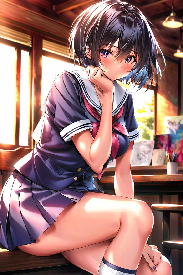 (loli:1.38),(14 Years Old:1.68),(young Woman:1.66),(Masterpiece:1.21),(FHD),(16K),(Top Quality:1.24),(Super Resolution),(Super Illustration),(Best Shadow),(High Quality),(Super Detail:1.15), Elaborate,(1 Woman),(Japanese girl:1.1),(black hair:1.21),(big breasts:1.13),(petite:1.72)(middle hair),(bob cut),(straight hair),(copper tone hair, swept bangs, brown eyes),(drooping eyes:1.33),(big eyes:1.44),(long eyelashes:1.15), (Very dark room:1.76)),(((Middle School))),((School teacher Office)),((white Sailor uniform, white blouse, navy ribbon,black pleated skirt,white socks,black loafers)),(cartoon speech bubble:1.33),(open one's mouth:1.22),(to talk:1.2),(shy:1.68),(unpleasant feeling:1.39),(cry:1.32),(looking at viewer:1.2),(spread legs:1.71),(legs up:1.29),