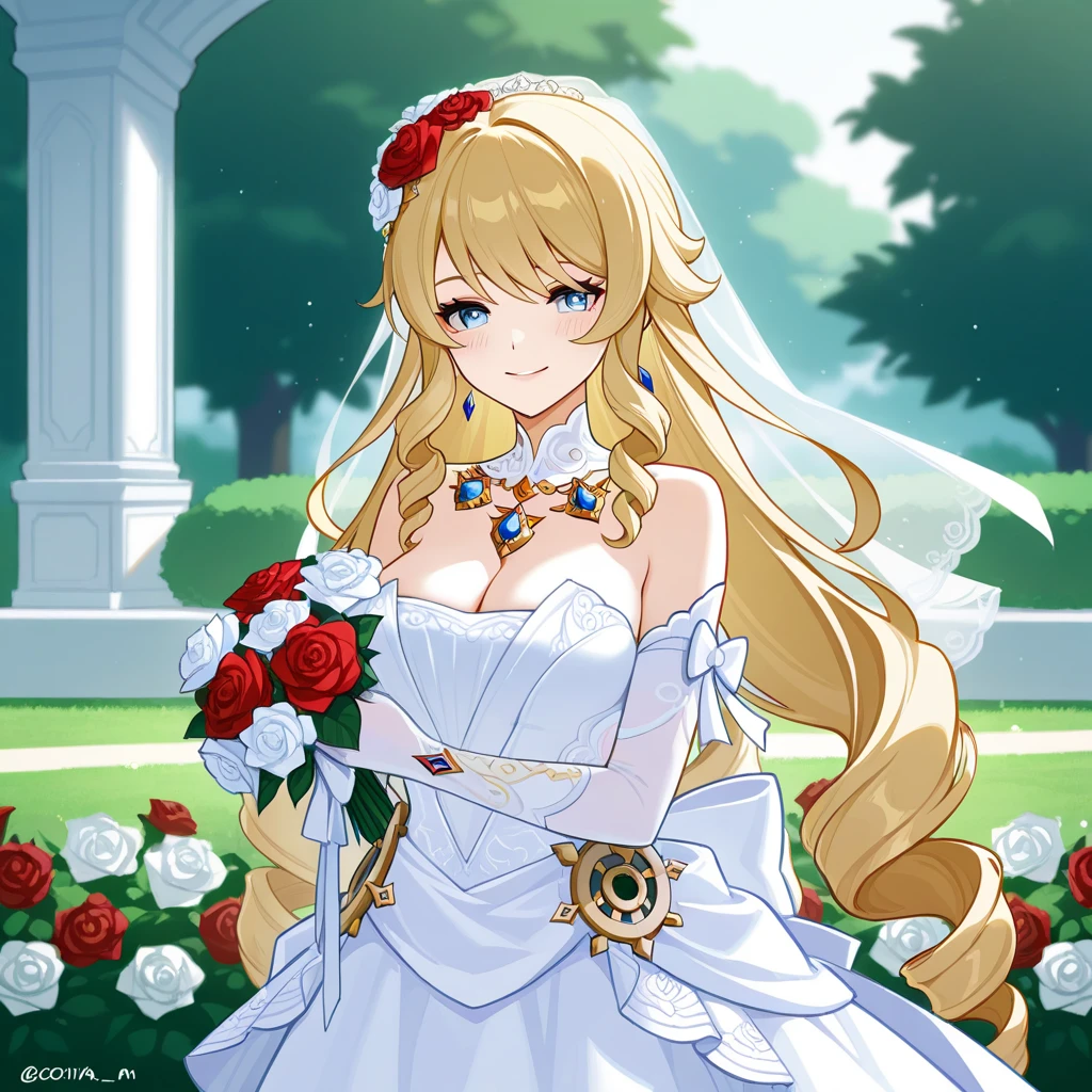 masterpiece, best quality, highres, , , bridal veil, , cleavage, wedding dress, ,, white gloves, , garden, smile, open mouth, , upper body, confetti, holding bouquet, bouquet, 1girl,solo, Calca, Calca Bessarez, blonde hair, extremely long hair, very long hair, white tiara, silver tiara, white dress, blue eyes, medium chest