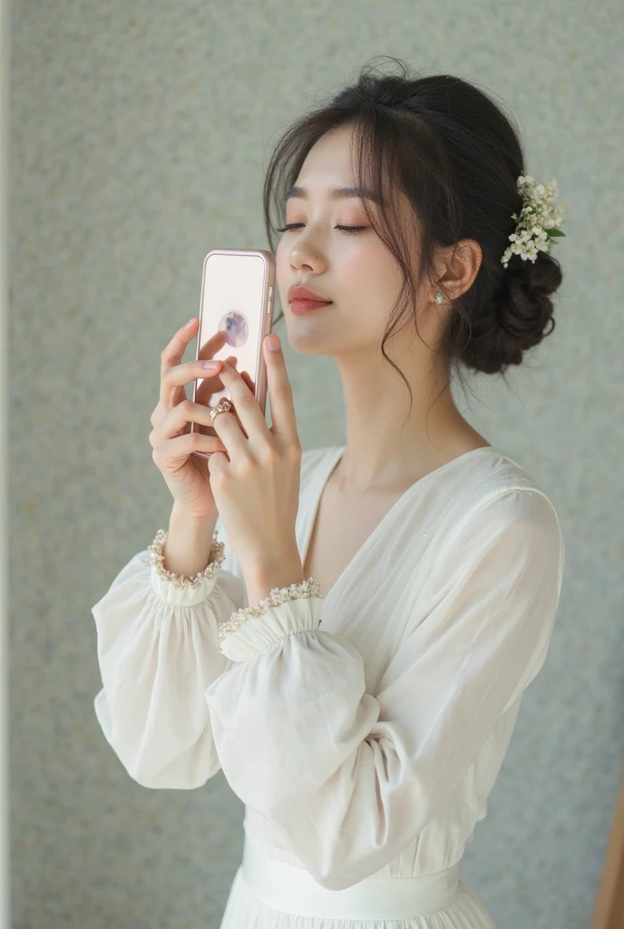 Long-haired Arapefi girl holding a cell phone in her hand, gorgeous chinese models, cute elegant pose, 8k selfie photograph, very beautiful cute catgirl, ruan jia beautiful!, dilraba dilmurat, young cute wan asian face, Ruan cute vtuber, braid hairstyle, Beautiful Asian girl, young and cute girl