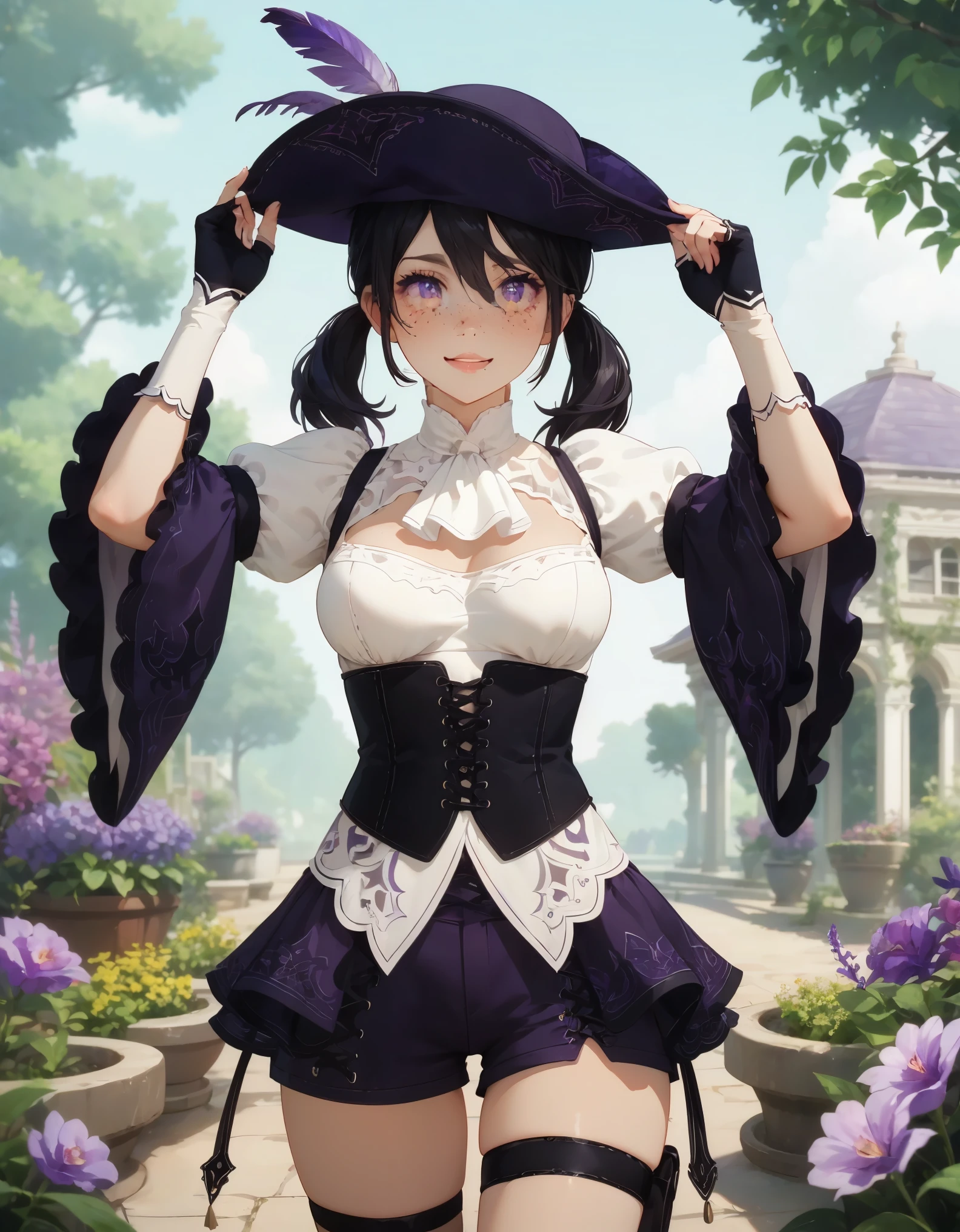 perfect eyes:1.2, detailed eyes:1, Colorful Eyes, expressive eyes, solo, nier2b, 1girl, purple eyes, detailed eyes, lips, smile, white ascot, wide sleeves, long sleeves, white shirt, tricorne, purple tricorne, purple hat, hat, hat_feather, low twintails, medium hair, hair between eyes, black hair, frills, freckles, ouji fashion, purple corset, corset, purple shorts, cross-laced shorts, thigh strap, medium breasts, framed breasts, fingerless gloves, coattails, purple orchids, garden, hand on headwear, cowboy shot