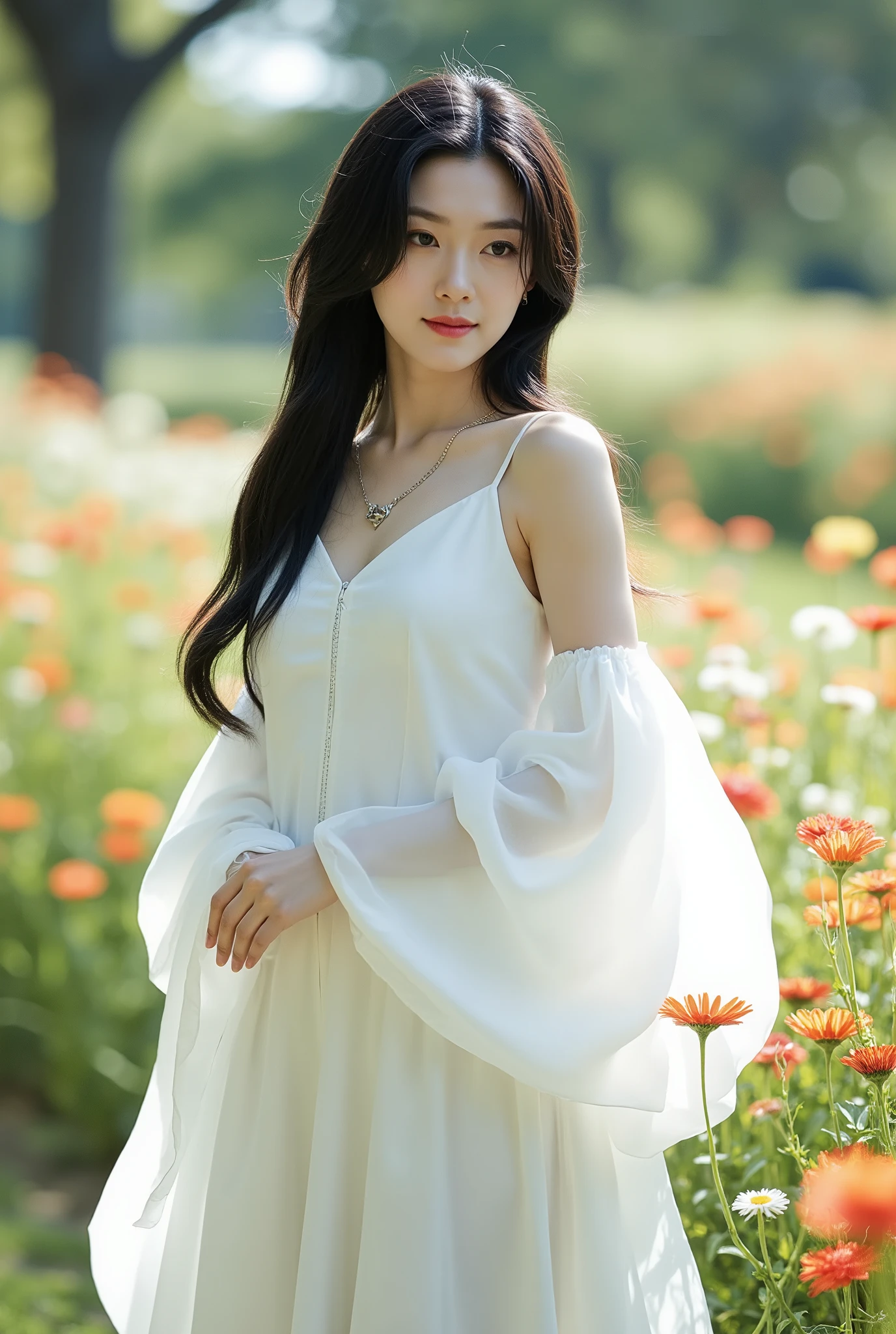 Create a stunning portrait of a beautiful Japanese actress with porcelain skin and tousled, long black hair. She is wearing a flowing pure white dress, standing in a vibrant flower garden with a radiant smile. The scene is illuminated with cinematic lighting, enhancing the ethereal quality of the moment.