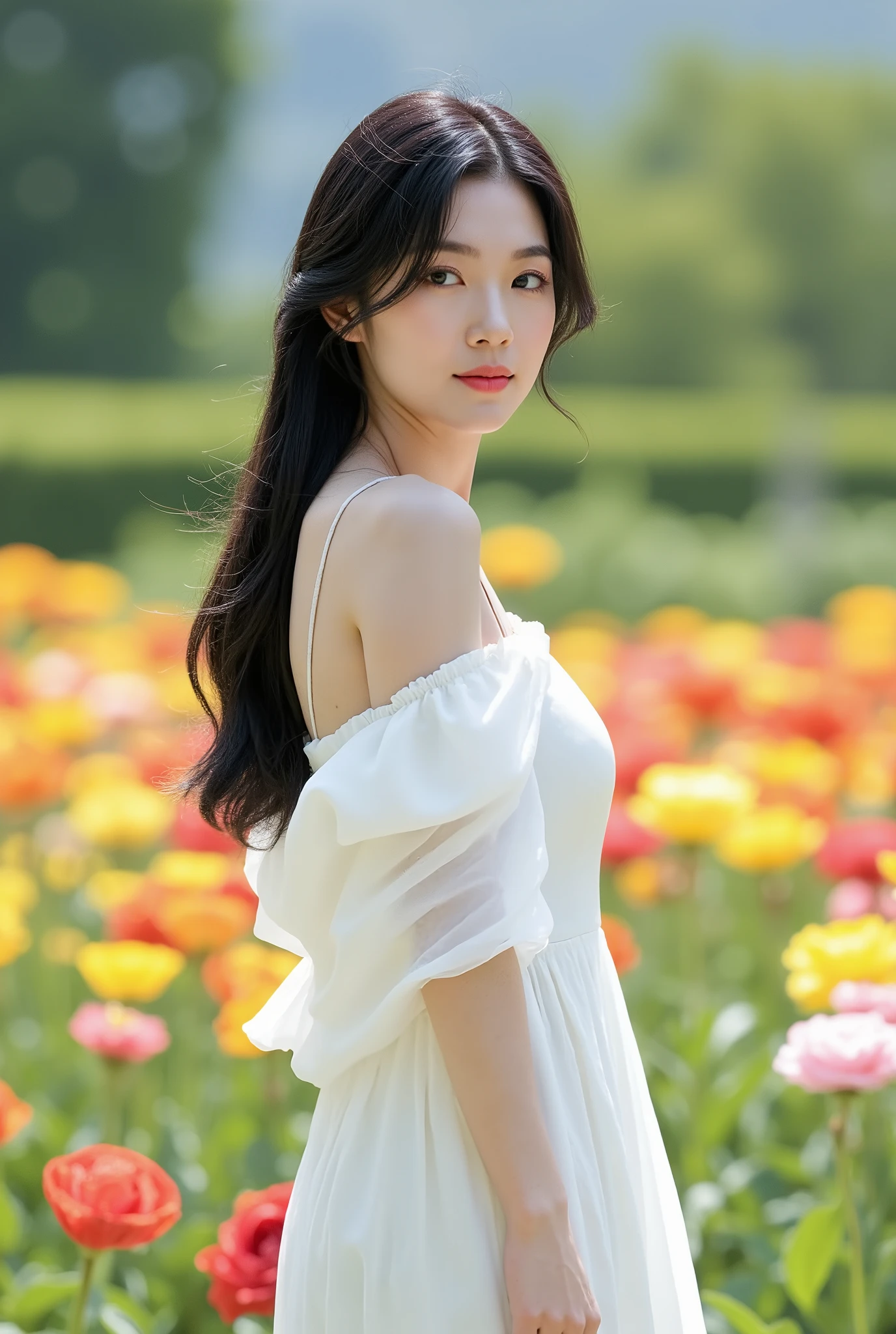 Create a stunning portrait of a beautiful Japanese actress with porcelain skin and tousled, long black hair. She is wearing a flowing pure white dress, standing in a vibrant flower garden with a radiant smile. The scene is illuminated with cinematic lighting, enhancing the ethereal quality of the moment.