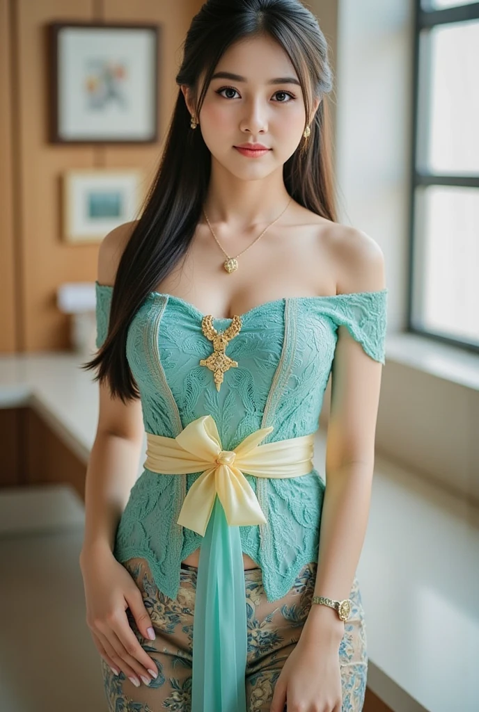 Generate an image of Create a picture of a very beautiful young Burmese woman wearing a bodice and a tight thami