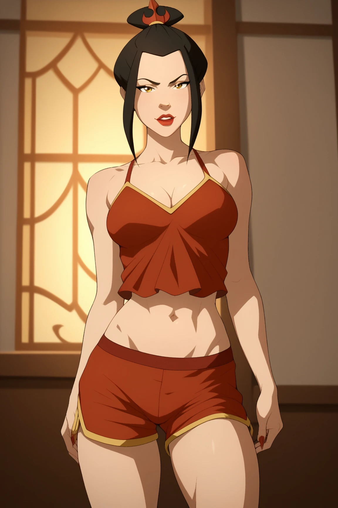 Sexy woman, black hair tied in a bun, smokey eyes, closed soft lips, medium chest, cleavage, perfect body, wearing low waisted saree, near a windowsill, natural light beaming through window, beautiful face