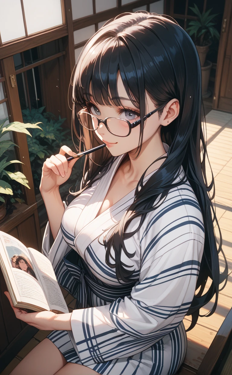 16K Ultra High Definition
Super detailed
The best of the best
Shiny detailed hair
Beautiful human woman with long hair
Super Big plump meat
Black and white cow print kimono
Cow ears and cow small horns
Shiny skin
Red cheeks
Moisturized eyes
Wearing glasses
Reading a book at a desk
Rich breasts on desk on library background