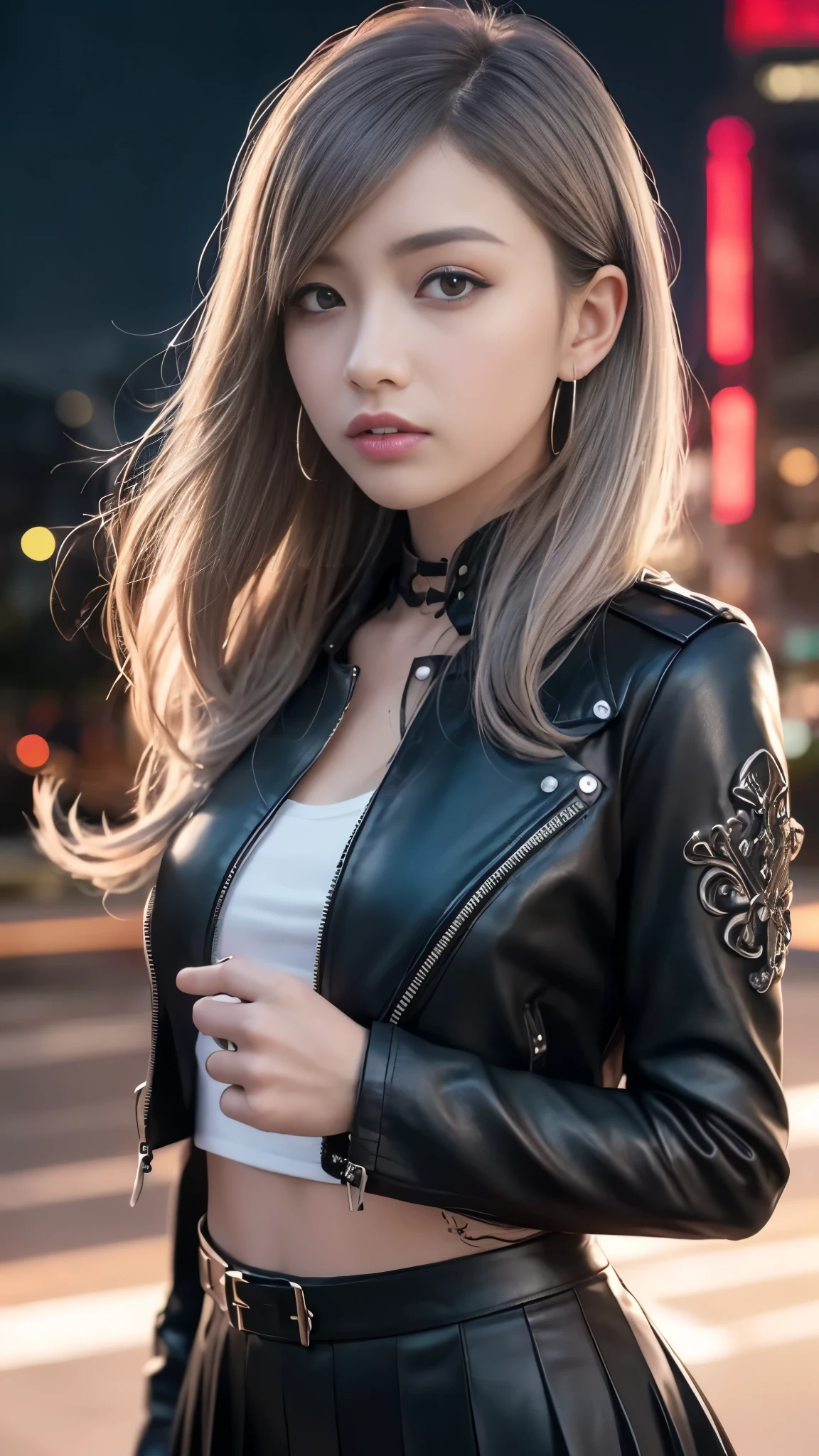 masterpiece、masterpiece、最高masterpiece、best quality、ultra high resolution、super high image quality,aesthetic、16k、Unconventional、 (photorealistic:1.4)、 looks up, upper body、(Gray Hair、 Silver Hair、night)、realism、realistic、photorealistic)、black、earrings、amount、Gothic skirt、goth girl aesthetic、Goth_punk,sharp、night:1.2 、超flat chest:1.8, AA-cup chest 、 Slim waist:1.2、long sleeve:1.5、マイクロミニskirt、Unreal and dynamic、Surreal、absurd、 dynamic action shots、portrait、Super sharp、 realistic textured face and skin、beautiful symmetrical face、(perfect anatomy)、 CGSoation Trends, particle effects , beautiful effects, vivid color, neon、 light on the side、超A high resolution 、octane rendering、dark fantasy、intricate and detailed background、 very delicate and detailed、skirt、Luxurious、Leather Jacket、thick lips、red eyeshadow、Dynamic Poses、true bird's-eye view from a higher position、