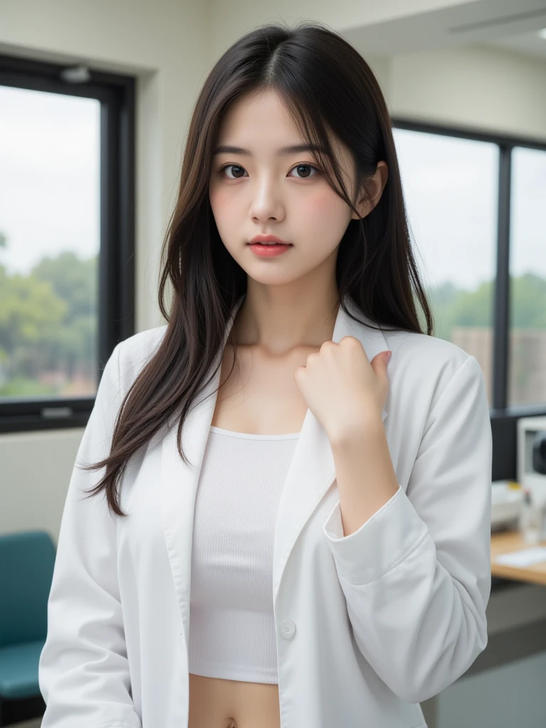 (masterpiece:1.0), (best quality:1.4), (ultra highres:1.2), (photorealistic:1.4), (8k, RAW photo:1.2), (soft focus:1.4), 1 woman, posh, (sharp focus:1.4), (korean:1.2), (american:1.1), detailed beautiful face, black hair, (detailed open blazer:1.4), tie, beautiful white shiny humid skin, smiling