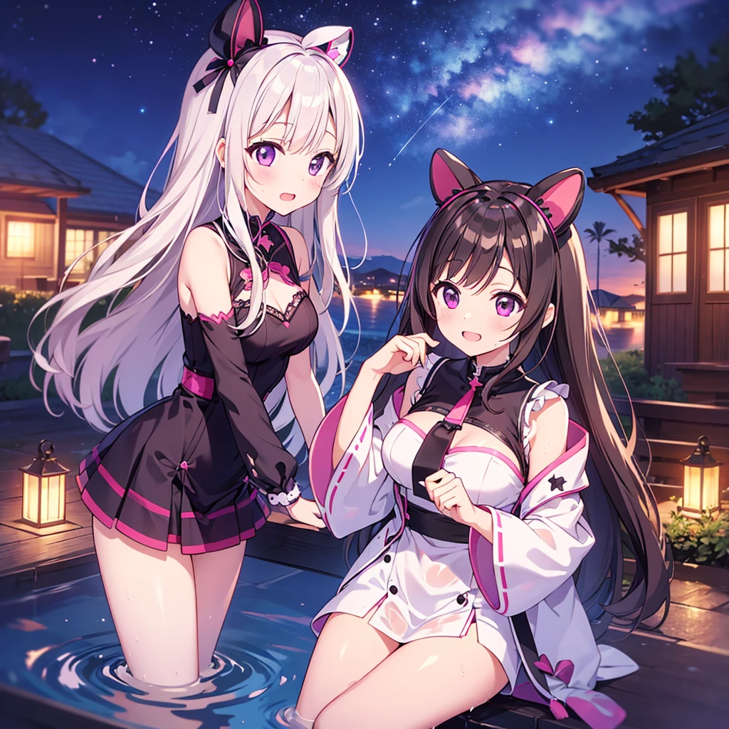masterpiece, high resolution, high quality, open-air bath, night, 2 girls, (bath towel, purple hair ornament, big, cat ears, red eyes, black hair, ponytail), seduction, (bath towel, red hair ornament, big, cat ears, yellow eyes, white hair, twin tails), hehku, kissing