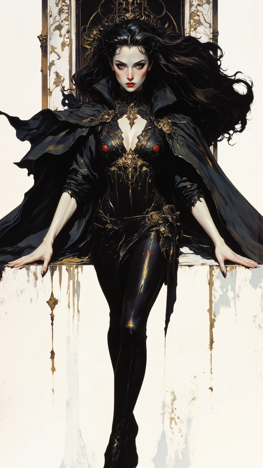 NSFW, best quality (4K, high resolution, masterpiece:1.2), ultra-detailed, realistic (photo-realistic:1.37), the Black Queen, the Goddess of Despair, mesmerizing dark enchantress, portrait, standing with a haunting black gown, captivating yet intimidating gaze, hypnotic, demonic eyes, poised stance, flowing black hair with flickers of shadow, dark and despairing aura with a hint of darkness, pure black color scheme, sharp focus, perfect, ominous lighting, confident, sinister demeanor, intriguingly wicked smile, powerful despair magic and sinister energy radiating from her eyes, desolate palace with a dark, foreboding background, entrancing yet eerie atmosphere, inspired by fantasy art and dark mythology, emphasizing her despair, allure and malevolent charm, meticulous attention to facial details showcasing her stunning beauty, elaborate, dark costume design, striking visual impact, expressive yet wicked facial features, supernatural elements blended with a sinister reality, (exceptionally detailed:1.3), super finely detailed and clawed hands, ultra finely detailed fingers (ten fingers), suggestive, intimidating posing, full body showcase, no logos in the background.