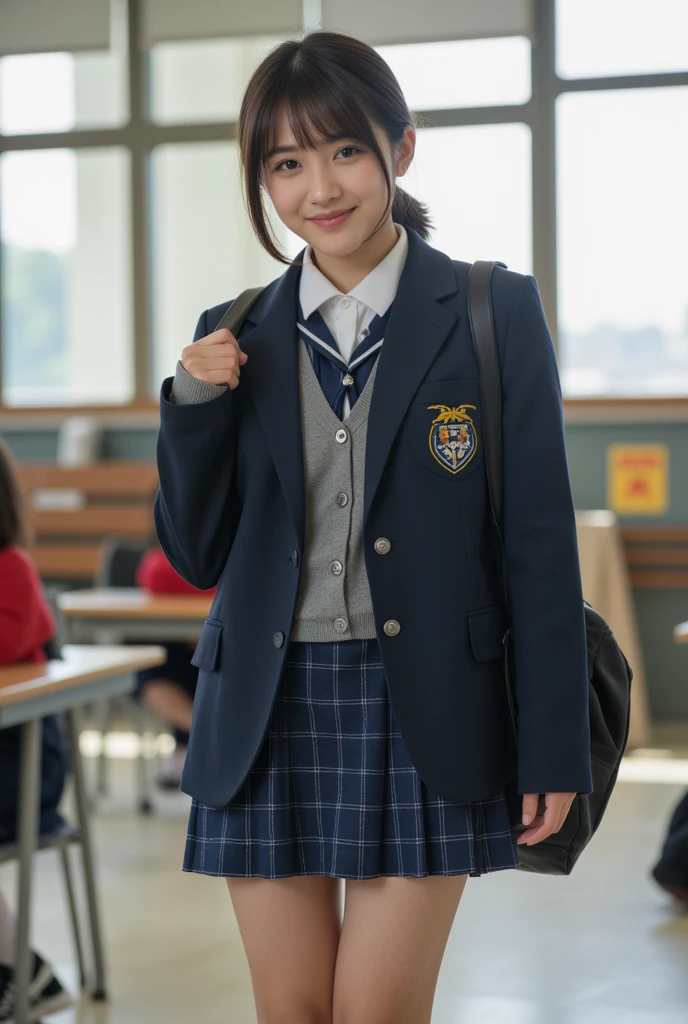 (school uniform, white blouse, cardigan, plaid pleated mini skirt), (Raise the hem of the skirt 1.3), (full length, whole body), (black hair, 16 years old, (Small waist and big chest style, low length:1.2), short bob hair, aqua eye, blush sticker, one small star earring, lively eyes, sister girl, round face, Downward eyebrows, light blush, look at the audience, affectionate cute, pretty girl, surreal high school girl, look at the audience, natural smile, others'hymn of), (surrealism, Natural light, written boundary depth, nikon, 8K, Super detailed, masterpiece, advanced details, anatomically correct, Award history)