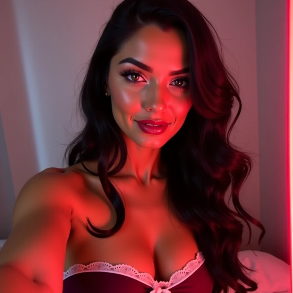 Create an image of a woman around 25 years old. he has fair skin,the asian race, with a light natural blush on the cheeks. Her eyes are big and light blue., with long and defined eyelashes. Her hair is long, wavy and red with black highlights, that falls gently on your shoulders. She is wearing a hot red lace panty with red tights.. The expression on her face is seductive and smiling.. She wears small pearl earrings and a delicate matching necklace... The background of the image is a room with a bed and white sheets.., illuminated by soft daylight INFO