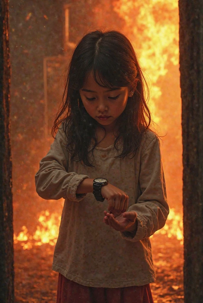 Full body view of a 10 year old girl holding a demonic fireball in her hand