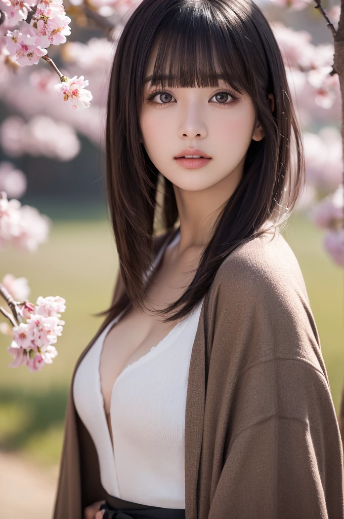 (logo、masterpiece、8k、Tabletop、RAW Photos、wonderful、最high quality、Realistic、Very detailed CG 統合 8k 壁紙、high quality、Very detailed、Narrative poem、Particle Effects、Dynamic Effects、Written boundary depth、Cinematic Light、Lens flare、Ray Tracing)、Fantasy、 (1 Beauty、White kimono、Japanese Clothing、White cherry blossom pattern、White cherry blossom embroidery pattern、Black-haired、Beautiful Face、True Face、Beautiful details in the eyes、Beautiful Skin)、Hair flutters in Wind、Hair bounces、Pink cherry blossom tree、Petals flutter、SakuraFubuki、wonderful景色、Morning Glow、Sun in the background、Wind、god々、teeth、god話、Vast land、Large Breasts、The cleavage is clearly visible、