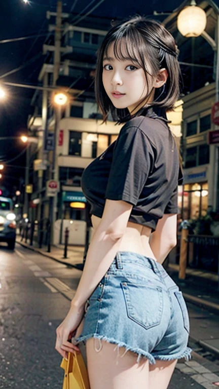 a beauty girl, korean idol, K-pop star,the face is round,??????,bbw,(huge boobs1.6),(wide hips1.8),busty,curvy body,cute little,(thicc thighs1.8),feminine,(loose crop top,mini shorts1.6), street,looking at viewer,high heels, seductive,Flexible body, from behind,expose her buttocks,butt protruding,bare ass, looking at the camera