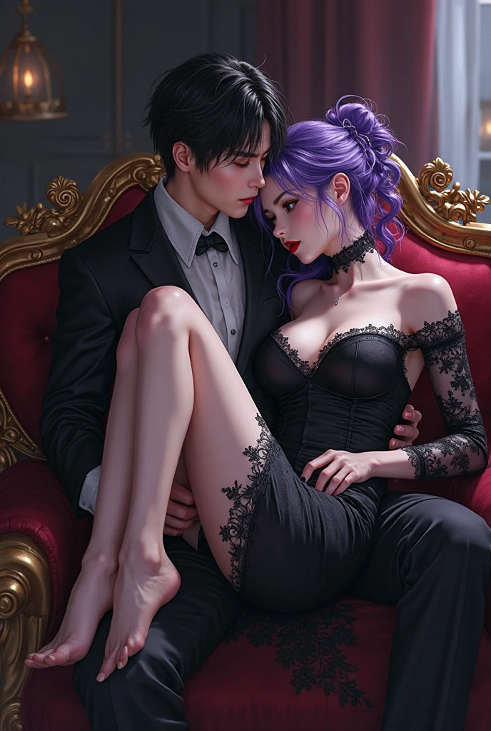 realistic, couple, 1 woman ( GREEN HAIR), bright eyes, seductive look, succubus, demongirl, Morrigan Aensland, 1 man (PURPLE HAIR), seductive look, suit, androgen, holding hands, kiss, moonlight, moon, cemetery, dry leaves, dry trees, hug, central