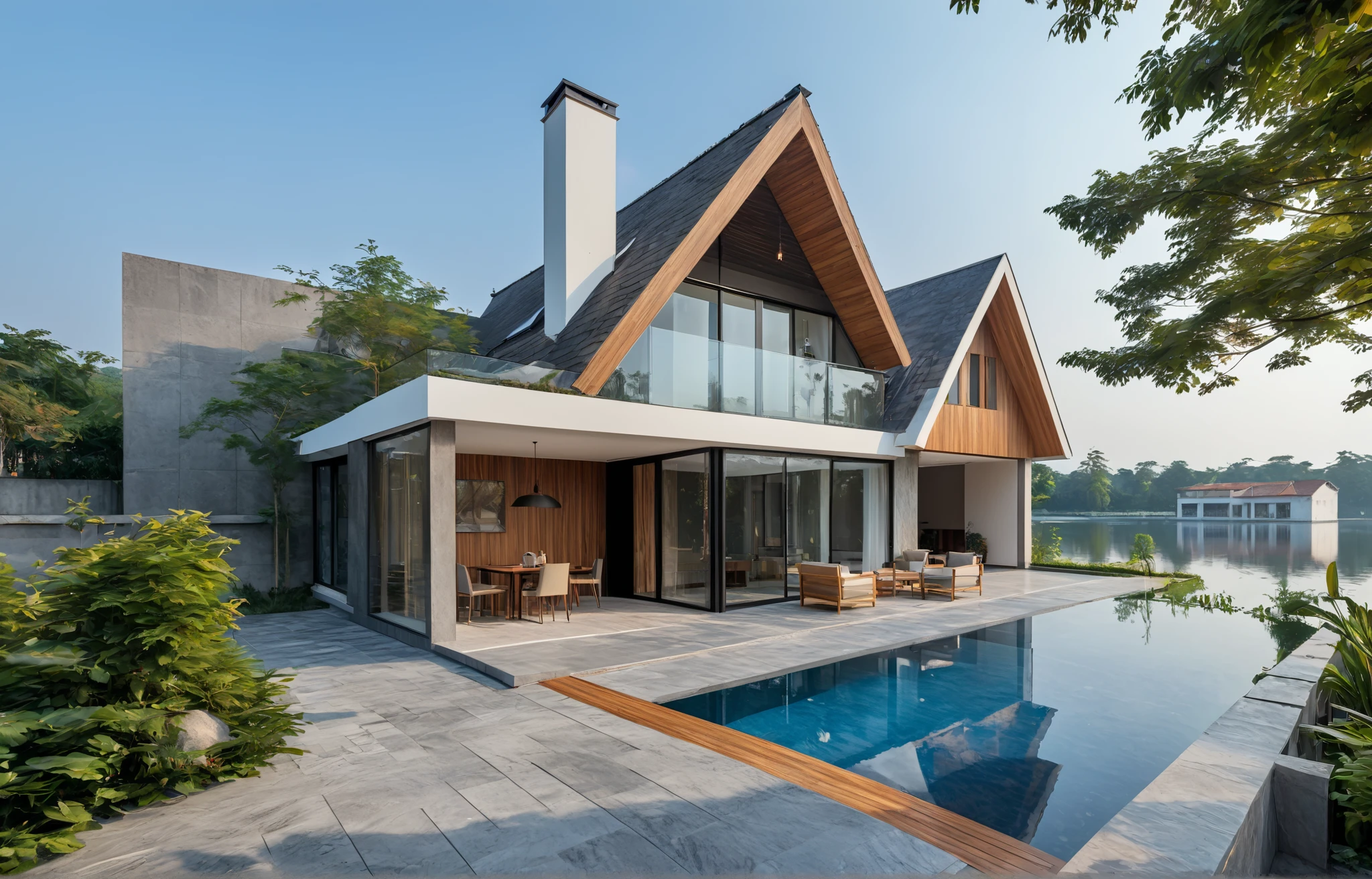 Modern style, house building, interior furniture, exterior house, contemporary style, ( wood bars ) wall, granite floor, roofing thatched, glass window, (realistic:1.2), Masterpiece, high quality, best quality, finish color paint , garden trees, terrace space , background big water lake, (lighting interior:1.2), (day light blue sky : 1,2), UHD 8K resolution, cinematic lighting, Residential Architecture, Villa, Apartments, Ultra-detailed , real architecture photo a espectacular modern house, Reflection .