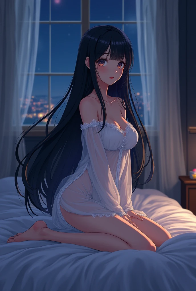 ((best quality)), ((masterpiece)), (detailed), perfect face, perfect body, 1girl, red long hair, cyan eyes, naked, ((nightgown)), the girl show up her boobies, Seeing the girl front body, ((the girl lying on the bed of bedroom hotel and opening her legs to show up her pussy)), Cum inside pussy, windows from hotel bedroom showing the city night in background