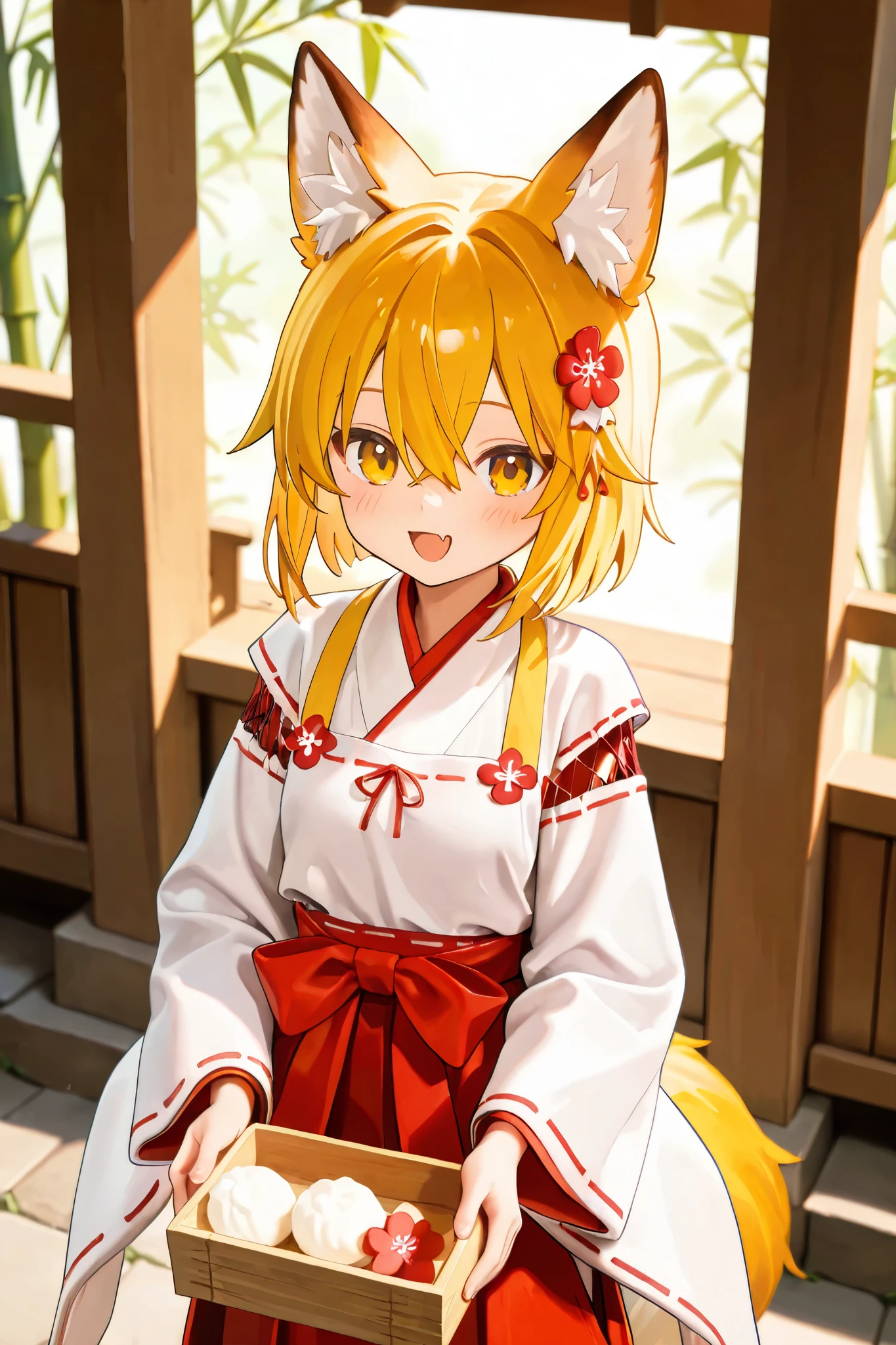 NSFW,masterpiece,best quality,high resolution,very detailed,Fairy Fox\(世話やきキツネのFairy Foxさん\),short hair,bungs、golden hair、hair ornament、 Beast Ears、hair between eyes、yellow eyes、flower、髪のflower、 Beast Earsの綿毛、fox ears、赤いflower、Fox Girl,Shrine maiden、 kimono、ribbon mesh sleeve,apron,shrine,Offering box,Bamboo basket