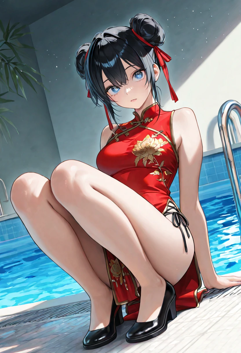 a sexy woman, (best quality), (masterpiece), (1girl), slim, anime, (flat chested), (chinese dress), (standing), (protrait), (naked legs), (view from above)
