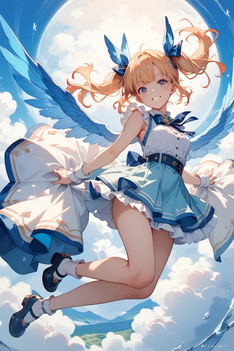 ((( petitgirl with blonde twin tail the angel dives to the sky　))),　(((Frill maid outfit))),((( Big feather))),(((Archangel)))、High-definition,((((Carrying angel wings on your back))))、(((Skydiving Poses))),(((blue sky))),(((Looking down angle))),(((Off the shoulder))),