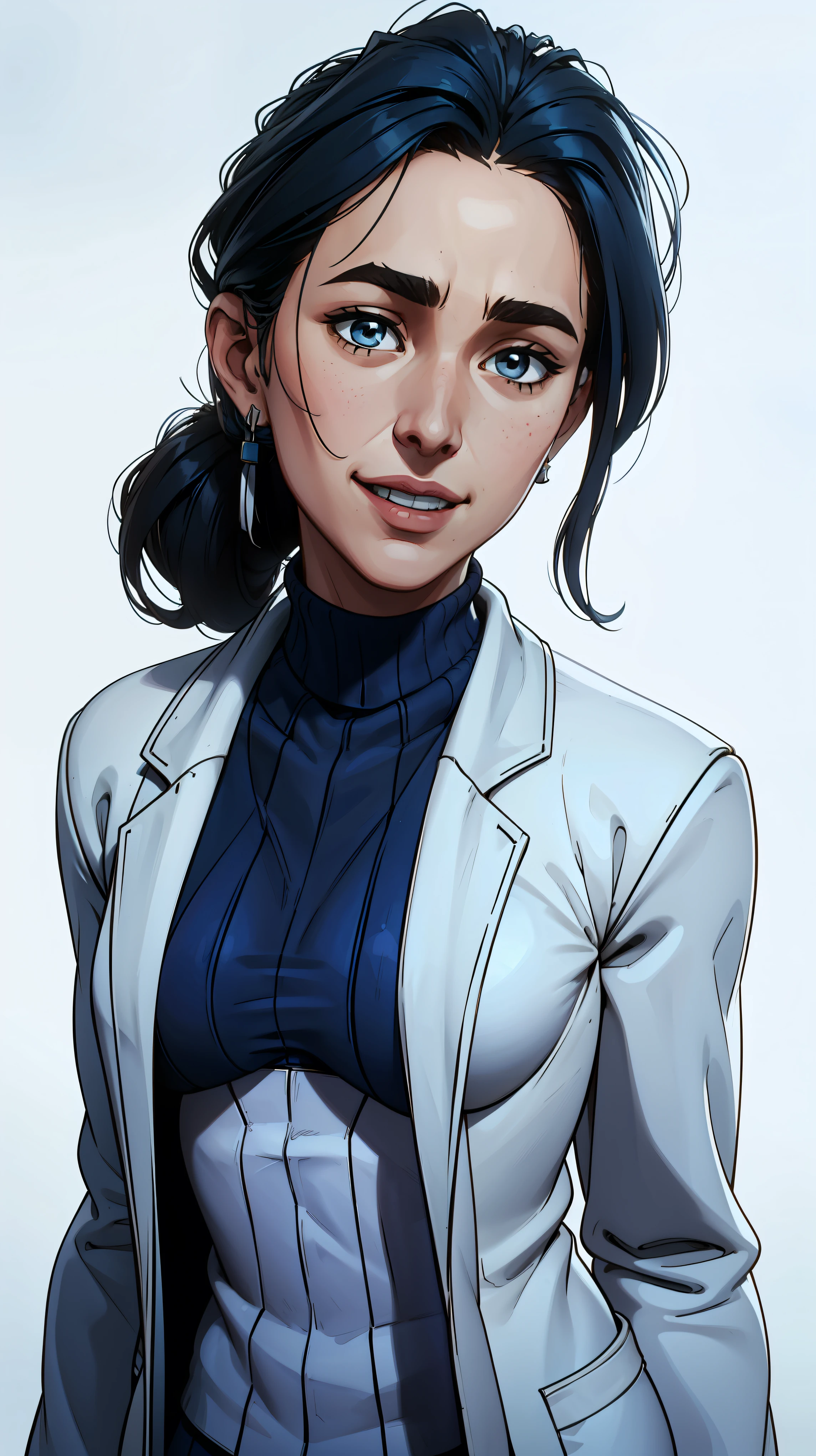 Margaret Qualley, short stature, medium breasts, 4k, highly details, marqual, black ponytail, ((( portrait))), solid white background, ((wearing a white scientist lab coat over a blue sweater)), (solid white background), smile