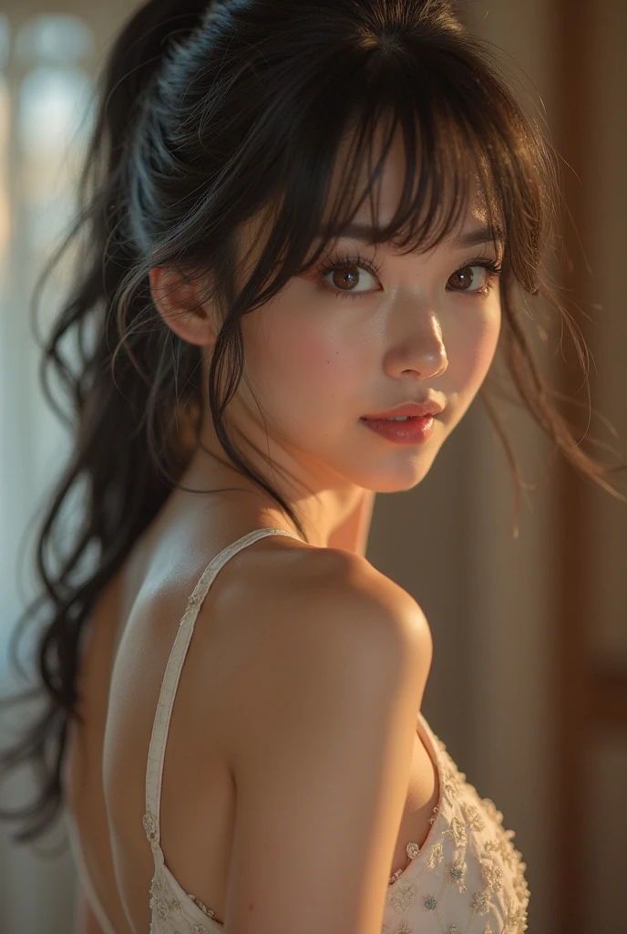 8K、top-quality、​masterpiece、realisitic、The ultra-detailliert、Photo Real、hyper realstic、Smooth lighting、Improved lighting quality in movies、Realistic lighting、Back lighting、brightened light、enhanced quality、Top quality real texture skins、
write、Thin、cute  face、A smile、beautiful finely detailed eyes、19-year-old Korean、Quite、Electric Drill Hair、toppless.