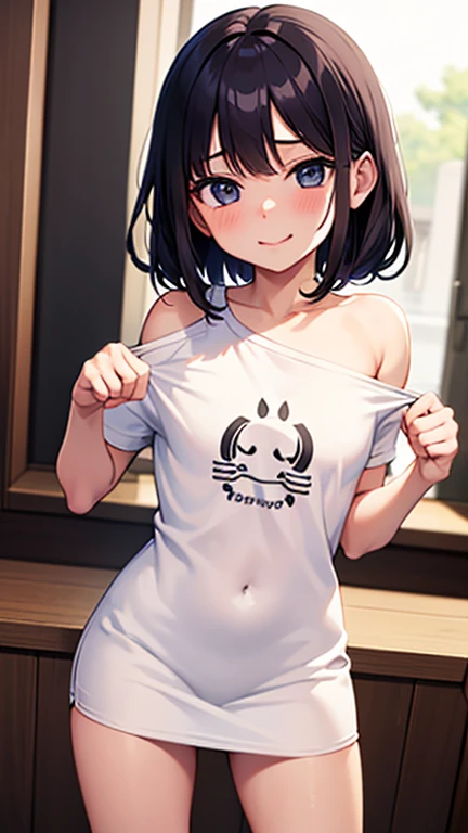 (Superflat, Flat Shading, flat-colors:1.1)、(Magazine Cover)、Illustrations、(One Asian boyish girl)、(cute little:1.2)、very beautiful 20 year old cartoon girl、Great smile、cheeks are reddened、(High Detail Skin: 1.2)、photorealistic anime girl render、realistic anime 3 d style、cute littleボブカット、Twin-tailed、beautiful brown hair、Intense black eyes、Strong highlights of the eyes、((Naked and oiled、accurate big breasts、sport underwear))Perfect Anatomy、hair messy、Pretty underwear、((Tight white tennis uniform with navel、Supple and thin fabric))、((White miniskirt with flared hem))、Sportswear、sneakers、(support)、stadio、Volumetric lighting、Soft light、Vibrant colors、watercolor paiting、