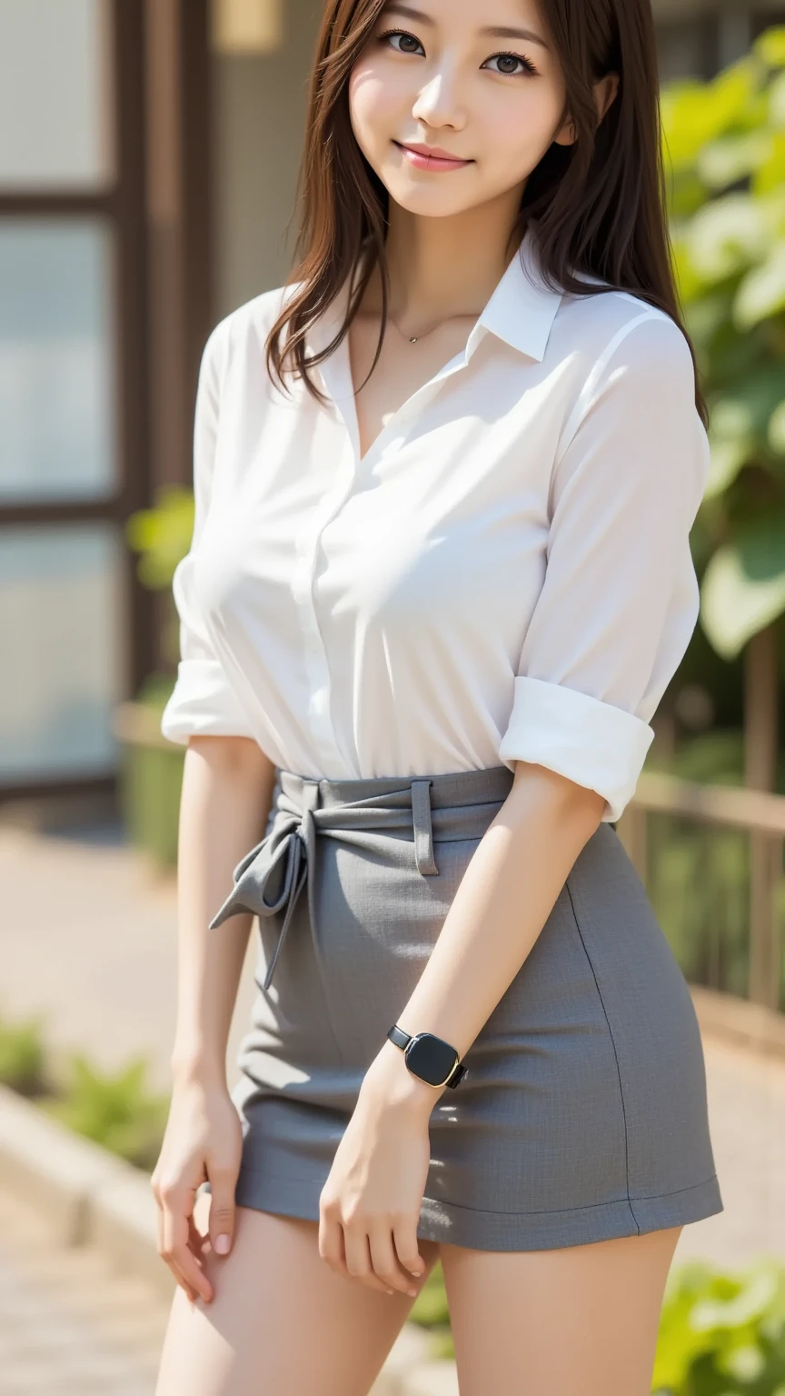 masutepiece, Best Quality, 超A high resolution,(photographrealistic:1.4) (depth of fields),(Lens Glow) , White T-shirt under jacket:1.5、Inside the office:1.5、a Pretty Japanese woman:1.5、officeworker、Sexy buttocks:1.5、smil、(Put your hand on your crotch :1.5)、JINS:1.3