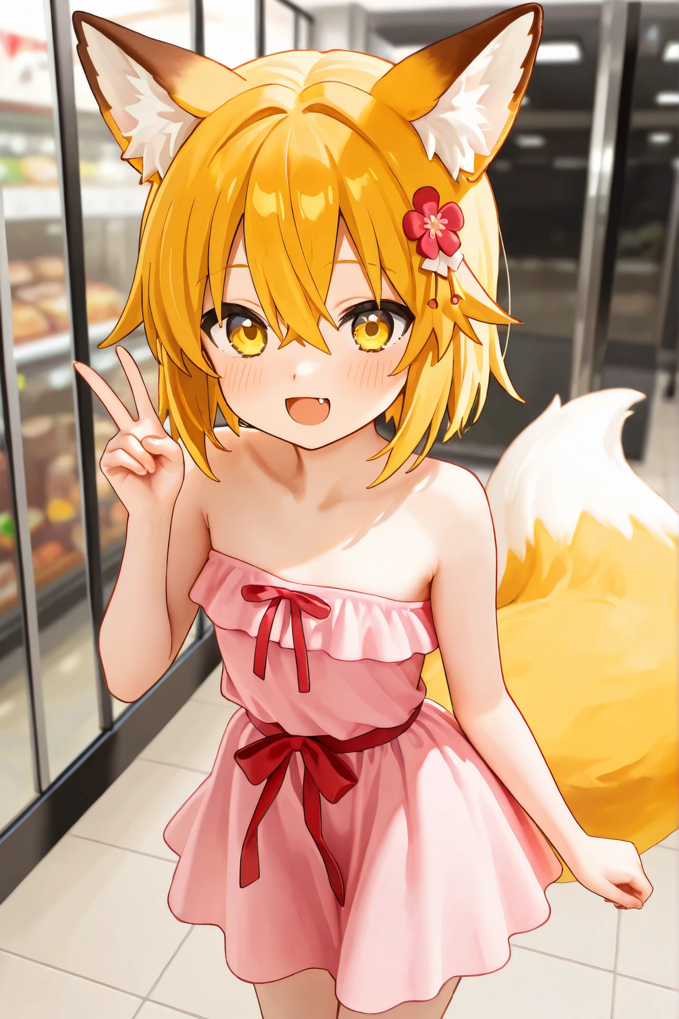 NSFW,masterpiece,best quality,high resolution,very detailed,Fairy Fox\(世話やきキツネのFairy Foxさん\),short hair,bungs、golden hair、hair ornament、 Beast Ears、hair between eyes、yellow eyes、flower、髪のflower、 Beast Earsの綿毛、fox ears、赤いflower、Fox Girl,strapless ruffle dress,flower柄のドレス,Shopping Mall