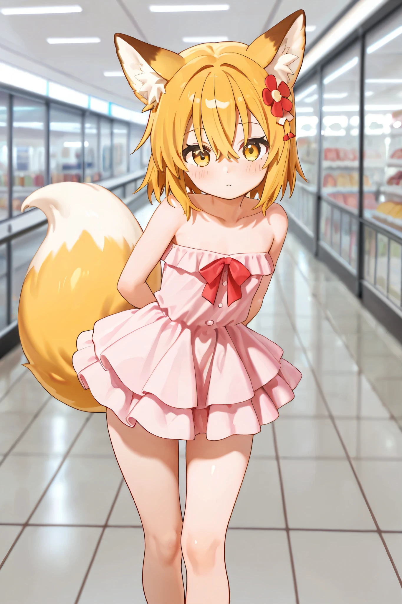 NSFW,masterpiece,best quality,high resolution,very detailed,Fairy Fox\(世話やきキツネのFairy Foxさん\),short hair,bungs、golden hair、hair ornament、 Beast Ears、hair between eyes、yellow eyes、flower、髪のflower、 Beast Earsの綿毛、fox ears、赤いflower、Fox Girl,strapless ruffle dress,flower柄のドレス,Shopping Mall
