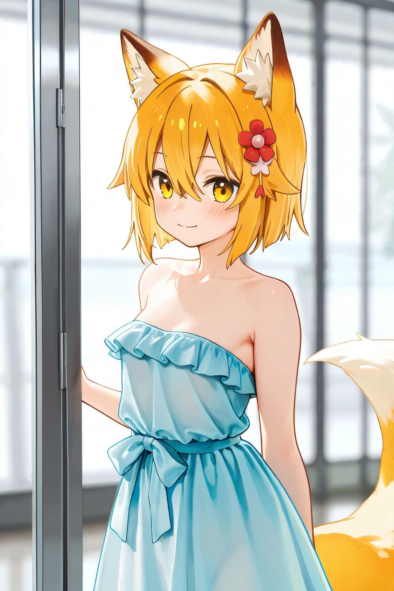NSFW,masterpiece,best quality,high resolution,very detailed,Fairy Fox\(世話やきキツネのFairy Foxさん\),short hair,bungs、golden hair、hair ornament、 Beast Ears、hair between eyes、yellow eyes、flower、髪のflower、 Beast Earsの綿毛、fox ears、赤いflower、Fox Girl,strapless ruffle dress,flower柄のドレス,Shopping Mall